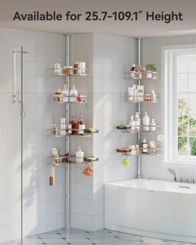 YASONIC Corner Shower Caddy Tension Pole, 25.7-109.1in Adjustable Shower Shelves, Rust-Resistant Shower Organizer, No-Drill 3-Step Installation, Bathroom Shelves for Renters & Family, Silver - Image 2