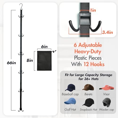 Hat Organizer for Closet, Hat Rack for Door with 6 Durable Adjustable Hooks & Storage Bag, Height 66 in Hat Storage for Home Dorm Room Travel Outdoor - Image 4