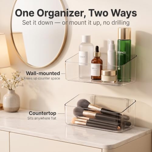 JessLab Clear Cabinet Door Organizer Bin, Angled Open Front Design, Small Acrylic Makeup Storage for Kitchen Spices, Cosmetics, Desk Supplies, Adhesive Mounted, 1 Compartment (2 Pack) - Image 4