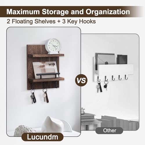 Key Holder Wall Mount, Mail Shelf Decor with 3 Key Hooks, Versatile Wood Wall Organizer for Entryway Hallway (8.2” x 10.6”x 3.6”) (Brown) - Image 4