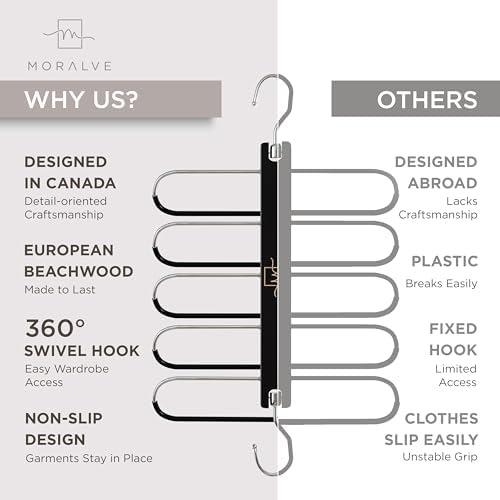 MORALVE Pants Hangers Space Saving - 4 Pack European Beechwood Scarf and Jean Hangers - Closet Organizer and Space Saver Pant Rack, Leggings Hanger, and Scarf Holder with 360° Swivel Hook - Image 5