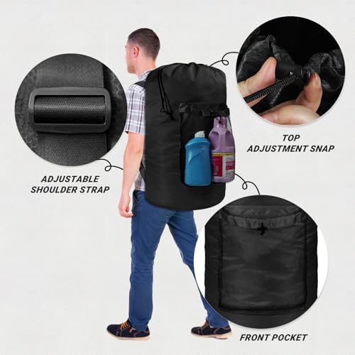 Laundry Bag with Shoulder Straps and Mesh Pocket Laundry Backpack Large Portable Laundry Hamper for College Travel, Laundromat, Apartment (Black) - Image 3