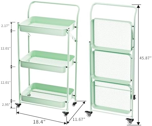 JAQ Foldable Rolling Cart, 3-Tier Metal Folding Storage Utility Carts Basket Rack Organizer with Handle on Wheels for Snacks Books Fruits for Kitchen Living Room Pantry Bathroom - (Green, 3-Layer) - Image 2