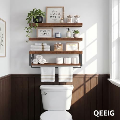 QEEIG Bathroom Shelves Over Toilet - Floating Shelf for Wall Toilet Paper Storage Farmhouse 32 inch Long Set of 3, Rustic Brown (029-80BN3) - Image 5