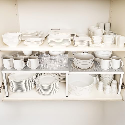 Simple Houseware Expandable Stackable Kitchen Counter Shelf Organizer, White, Metal Top, 11.25"L x 7.9"W x 5.4"H - Image 2