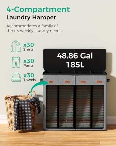 185L Laundry Hamper 4 Section with Lid & Removable Bags - Image 5