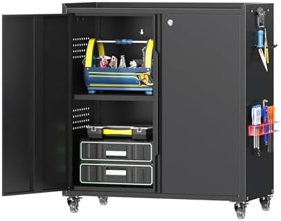 34" Metal Garage Storage Cabinet with Wheels, Adjustable Rolling Tool Storage Cabinet with Lock, Steel Locking Tool Cabinet with Doors and Shelves for Garage, Warehouse（Black） by Firstsky