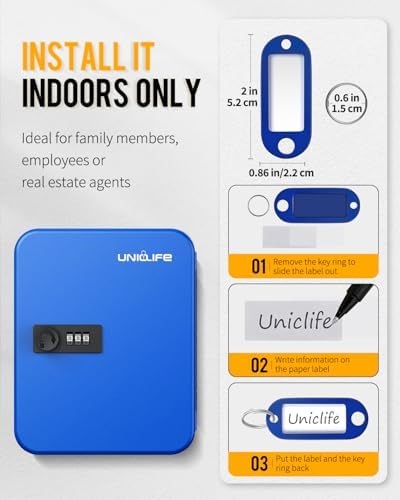 Uniclife 20 Position Key Cabinet with Combination Lock Resettable Blue Digital Security Storage Box Steel Key Organizer with Colorful Key Tag Labels Stickers and Hooks - Image 7
