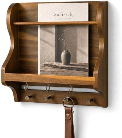 Acacia Wood Mail Organizer Wall Mount with 7 key Hooks Home Decor, Brown by REBEEVISION