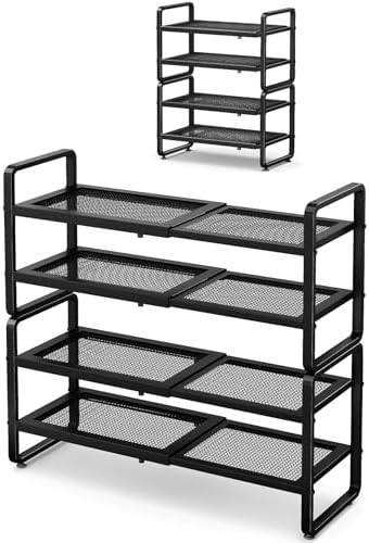 Expandable Metal Shoe Rack for Closet, Entryway & Garage, 4-Tier, Black | Adjustable Height for Boots, Stackable Design, Dense Mesh Shelves for Heels, Fits Small Spaces, Apartments and Rentals by SNTD