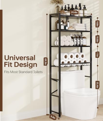 4-Tier Over-the-Toilet Storage Rack with One-Piece Wooden Shelves & Open Net Basket, Bathroom Organizer with Adjustable Feet & Anti-Tip Kit, Space-Saving Toilet Shelf, Brown, 24.4" x 9.4" x 69.3" - Image 2