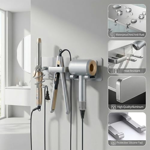 Hair Dryer Holder Hair Tool Organizer Metal Wall Mount (Silver) - Image 4