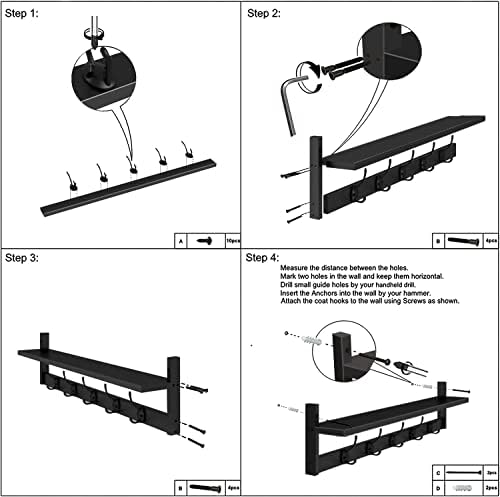 AMBIRD Wall Hooks with Shelf Entryway Hanging Wood Coat Hooks with Shelf Wall-Mounted Coat Hook Rack with 5 Dual Hooks for Bathroom, Living Room, Bedroom (Stylish Black) - Image 5