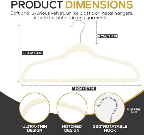 Techzoo 50 Pack New Premium Quality Velvet Hangers Ultra Thin Non Slip Adult Felt Space Saving Hangers for Closet Heavy Duty Coat Pants Jackets Dress Hangers 360° Swivel Hook Hold Upto 10 lbs Ivory - Image 2