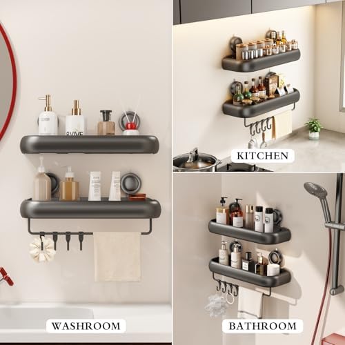 CICUFY Shower Caddy Suction Cup, 2 Pack No Drilling Corner Shower Shelves, Rust Proof Bathroom Storage Organizer, Shower Corner Caddy with Removable Hooks and Towel Bar, Square, Grey - Image 6