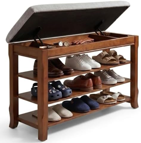 Solid Wood Shoe Rack Bench with Storage, Flip-Top Soft-Close Lid, 31.5” by Drogenble