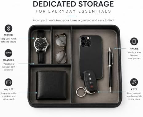 Leather Valet Tray for Men, Premium Faux Leather Nightstand Organizer with Covered Storage, Catchall Tray for Wallet, Watch, Keys, Phone, Glasses & Everyday Essentials - Image 4