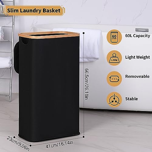 iEGrow 60L Slim Laundry Hamper, Narrow Laundry Basket with Lid,Foldable Clothes Hamper with Bamboo Handles,Hamper Basket with Removable Inner Bag for Laundry Room Bedroom College Dorm,Black - Image 3