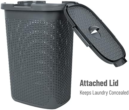 Mind Reader 60L Slim Laundry Hamper, Clothes Basket, Lid, Wicker Style, Plastic, 17.65"L x 13.75"W x 24.15"H, Set of 2, Gray - Image 5