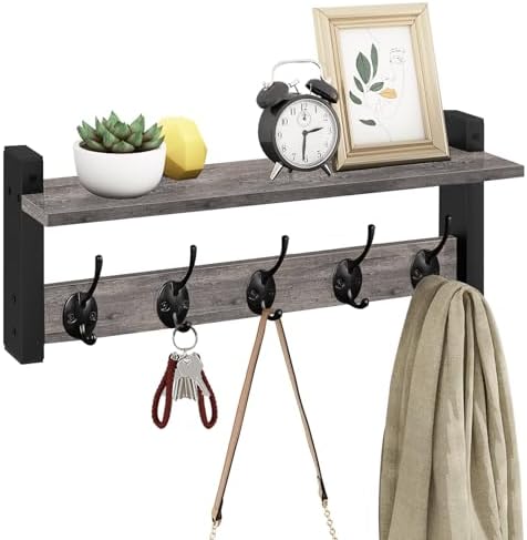 Homode Wall Hooks with Shelf, Coat Rack Wall Mount, Entryway Shelf with Hooks for Clothes, Backpack, Key, Purse - Rustic Grey by Homode