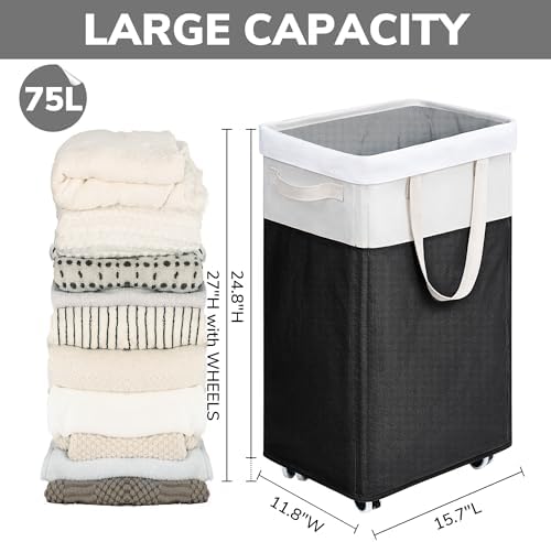 Goodpick 2-Pack Rolling Laundry Basket with Wash Bag, Hamper for Dorm, 75L - Image 3