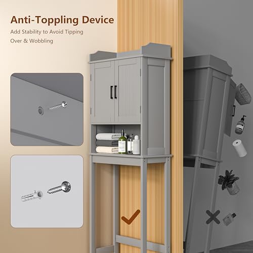 Yardenaler Over-The-Toilet Storage Shelf with Doors, Bathroom Freestanding Organizer Space Saver with Adjustable Shelf, Gray - Image 6