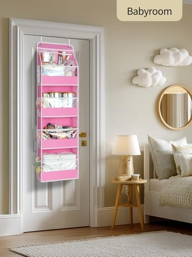 Yecaye 5 Tier Over the Door Organizer, Swing-proof Door Organizer Hanging with Clear PVC Windows, Behind the Door Storage for Bedroom Nursery Closet Laundry Pantry Bathroom, Pink - Image 6