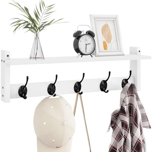 Homode Coat Rack with Shelf Wall Mount, 24 Inch Long Wall Shelf with Hooks Underneath, Wood Hanging Coat Hanger with Hat Shelves for Entryway, Bathroom, Mudroom, White by Homode