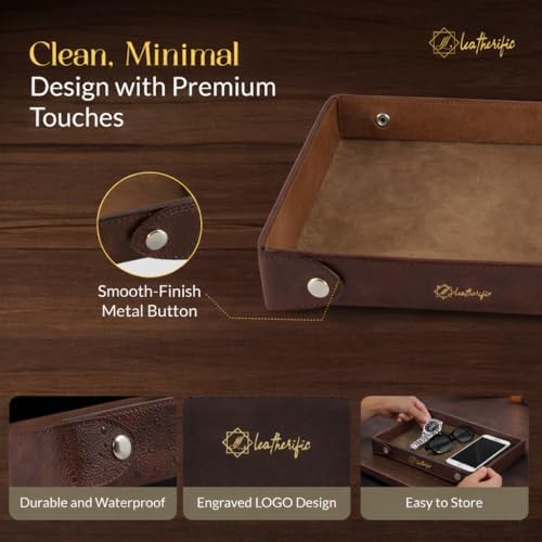 Luxe Genuine Leather Valet Chronicle Tray | Premium Handmade Multipurpose Catchall Tray, Coin Watch Key Trinket Dish for Home Office Desk, Nightstand Entryway (Russet, 11 x 9 x 1.5) - Image 3