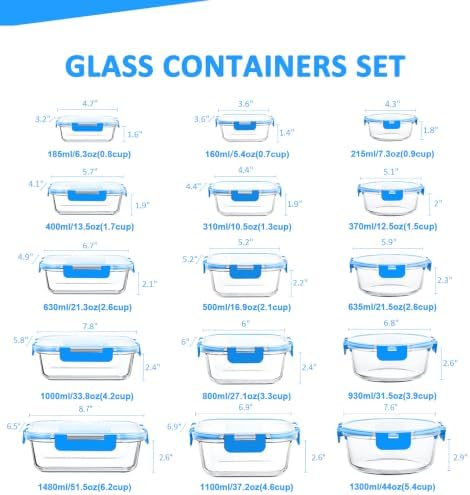 KOMUEE 30 Pieces Glass Food Storage Containers Set, Blue - Image 2