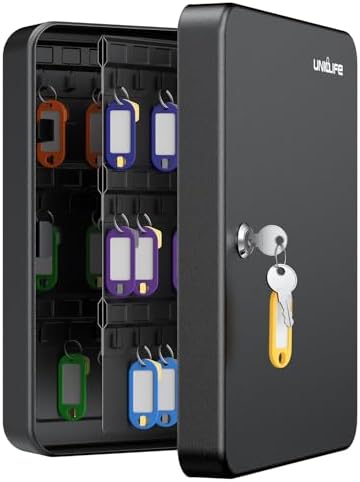 Uniclife 100 Position Key Cabinet with Key Lock Wall Mounted Black Security Storage Box Steel Key Organizer with Colorful Key Tag Labels Stickers and Hooks by UnicLife