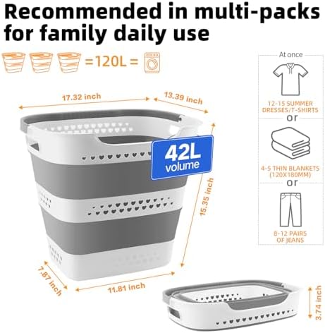 3 Pcs 42L Medium Collapsible Plastic Laundry Basket with Handles, Foldable Laundry Basket Hamper, Pop Up Storage Container Organizer for Washing Storage (Gery, 17 Inch * 13 Inch * 15 Inch) - Image 2