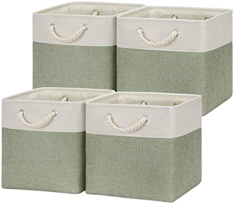 Temary Cube Storage Baskets for Shelves 12 Inch Storage Cubes 4pack Fabric Storage Baskets for Organizing Clothes, Closet Basket with Rope Handles for Home (White&Green) by TEMARY