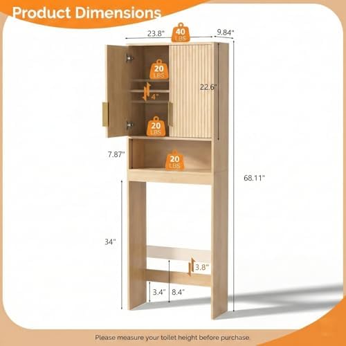 VINGLI Over The Toilet Storage Cabinet with Fluted Doors, Mid Century Modern Bathroom Organizer Over Toilet, Freestanding Wooden Space Saver Stand with Adjustable Shelves, Natural Oak - Image 2