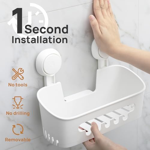 LEVERLOC Shower Caddy Suction Cup, Shower Organizer Removable Bathroom Shelf, Storage Suction Powerful Max Hold 22lbs Bathroom Caddy Waterproof Holder, White - Image 2