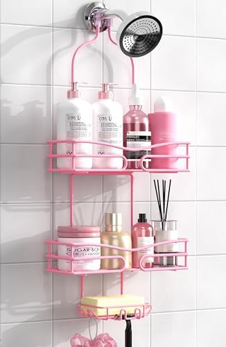 DAOYA Pink 3-Tier Over Head Shower Caddy with Soap Holder & 6 Hooks - Hanging Shower Caddy for Bathroom Organizer by DAOYA