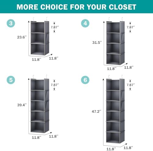 YOUDENOVA Hanging Closet Organizer and Storage for Clothes, 3-Shelf, Grey | Locker/RV/Camper Organizer, Side Pocket, Hanging Shelves for Small Closet, Dorm Room Essentials for Guys, Breathable Fabric - Image 3