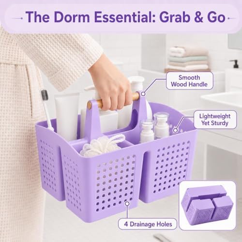 Portable Shower Caddy Basket with 3 Compartments and Handle, Purple - Image 5