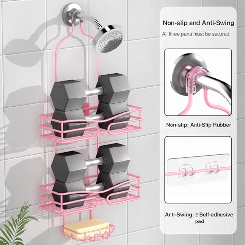 DAOYA Pink 3-Tier Over Head Shower Caddy with Soap Holder & 6 Hooks - Hanging Shower Caddy for Bathroom Organizer - Image 3