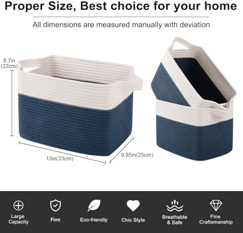 OIAHOMY Cotton Rope Storage Baskets for Organizing Blue & White 3-Pack - Image 3