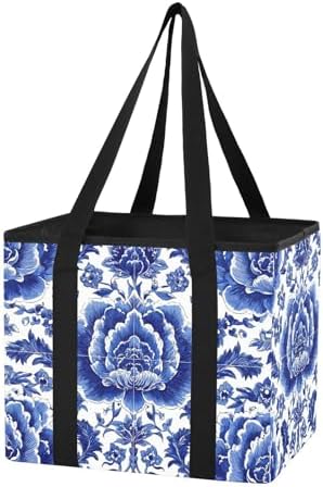 Trunk Organizer Collapsible Car Organizer with Handle Car Storage Box Bin for Groceries SUV Utility Tote Bag Portable Vehicle Container Blue and White Flowers Tile by WelcometoElliTarr