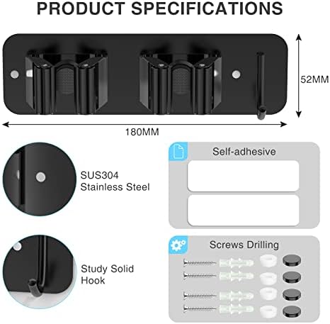 homeasy Wall Mount Mop and Broom Holder, Heavy Duty Stainless Steel Organizer Rack with Hooks | 2-Pack, 2-in-1 No Drill & Screw Installation, Black - Image 5