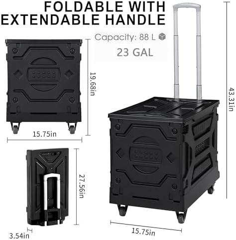 VECELO Foldable Shopping Cart with Wheels, Collapsible Rolling Crate for Groceries, Folding Storage Box with Handle, Three Modes of Use, Ideal for Teacher, Trip, Outdoors, Etc., 23GAL, Black - Image 2