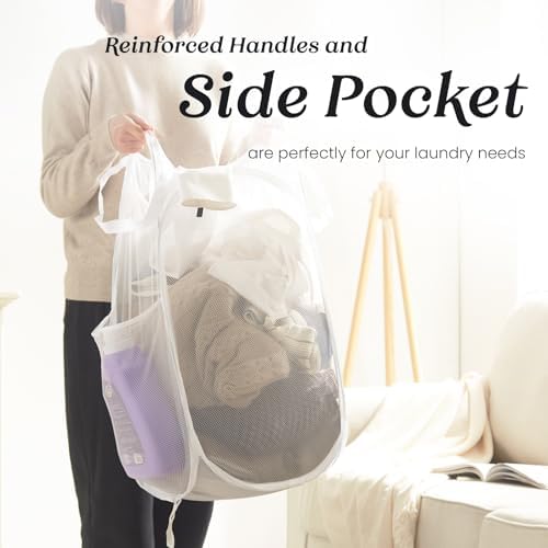 TECHMILLY Collapsible Mesh Pop Up Laundry Hamper with Sturdy Handles and Side Pocket - Portable Foldable Clothes Baskets for Dorm, Bathroom & Travel Storage (White) - Image 3