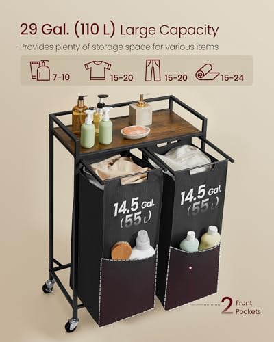 VASAGLE Laundry Sorter 2 Section, Rolling Cart with Shelf 29 Gal. (110 L) - Image 3