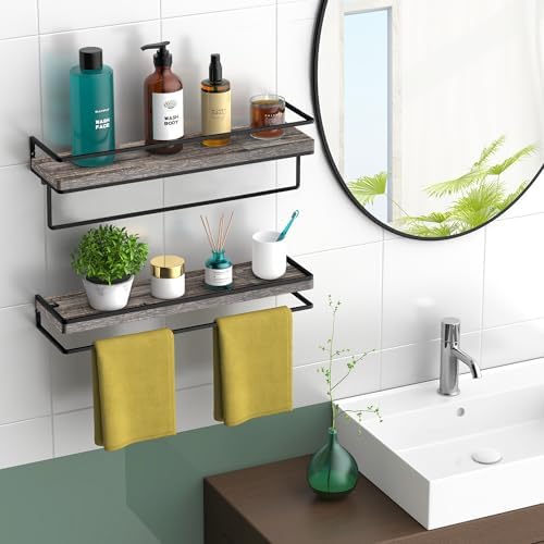 Meangood Floating Shelves Wall Mounted Set of 2, Wall Shelf with Towel Bar Rustic Wood Wall Storage Shelves for Bedroom,Living Room,Bathroom, Kitchen Pine - Image 2