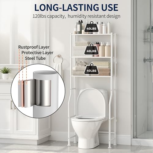 GloTika 3-Tier Over Toilet Storage Rack, Anti-Wobble, White - Image 6