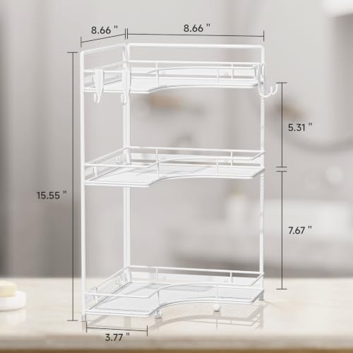 VITVITI 3 Tier Corner Bathroom Counter Organizer, Bathroom Countertop Organizer Storage for Sink, Metal Mesh Makeup Organizer for Vanity Countertop Kitchen with Hooks, White - Image 6