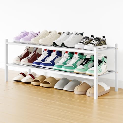 Smiry Bamboo Shoe Rack, 16 Vertical Slats, 2 Tier - 33.7" Wide, White by Smiry