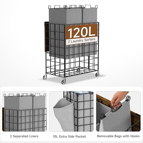 Laundry Basket with Wheels, Heavy Duty Laundry Sorter 2 Sections, 120L (32Gal.) Large Capacity Laundry Hamper with Wood Lid, 360 Rolling Wheels, Extra Side Pocket, Leather Pull Handle, Grey - Image 2